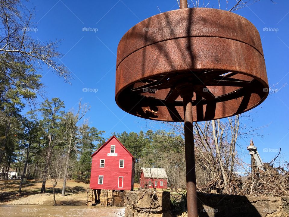 Red mill and waterfall