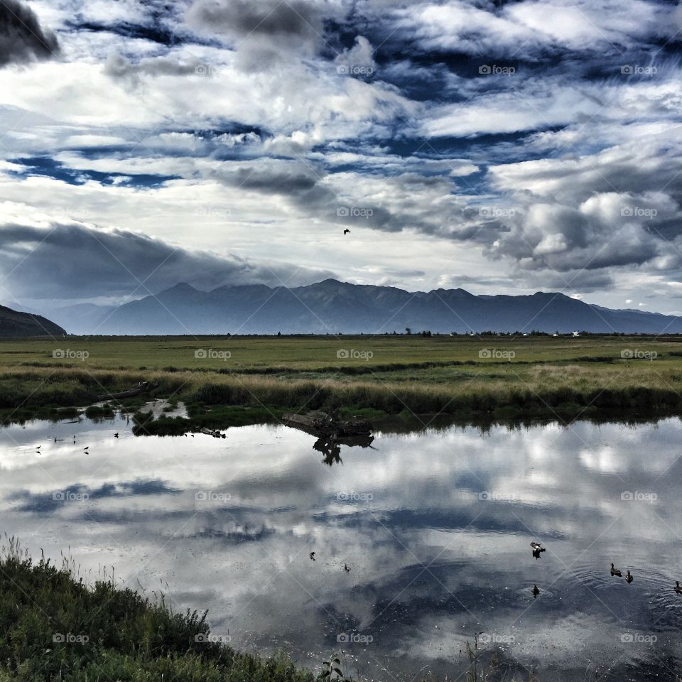 Clouds reflected on the water in a marsh. Mountains in the distance. Alaska.  