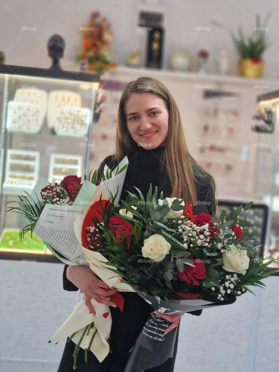 happy girl with flowers