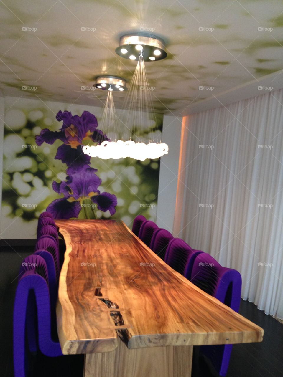 Dining room. Purple flower wall