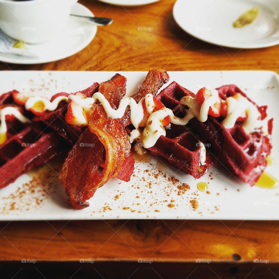 Bacon and Red Velvet Waffles