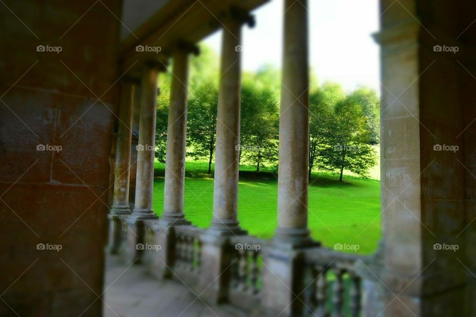 Green landscape gardens through Palladian columns 