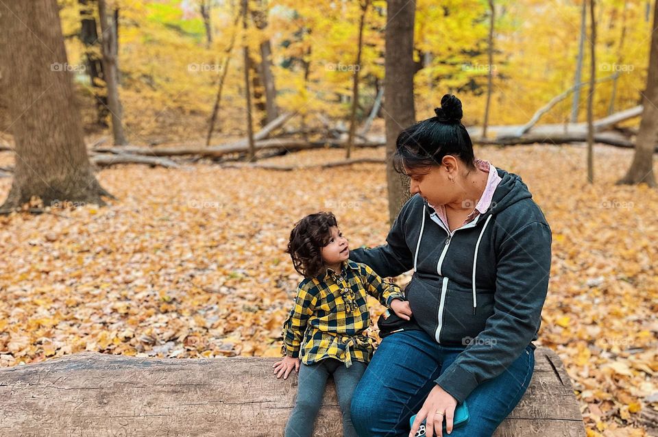 Mommy and daughter have a talk in the forest, tender moments in the woods, fall time in the forest, changing leaves in the Midwest 