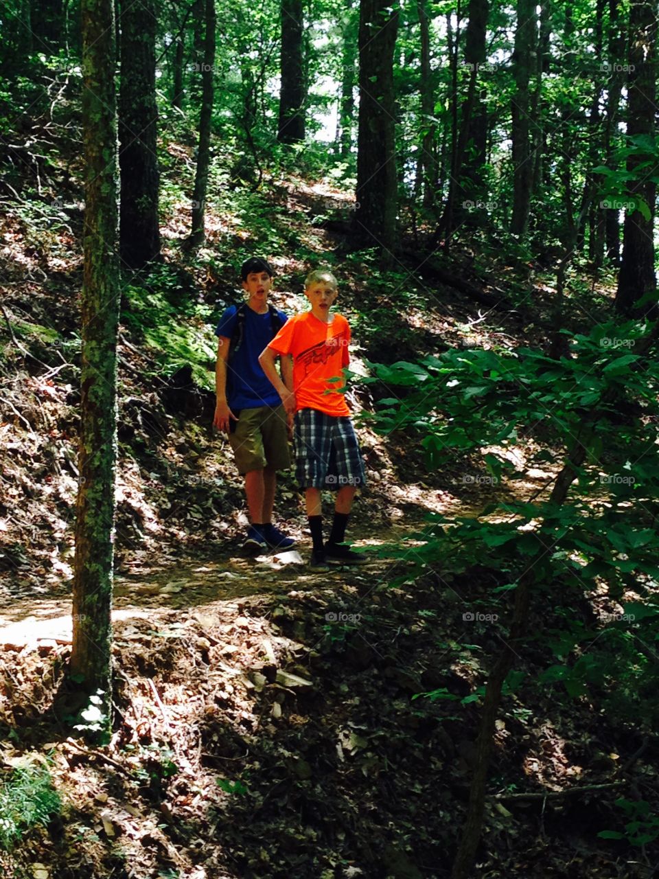 Nature walk. Two young boys walking the trail in the mountains