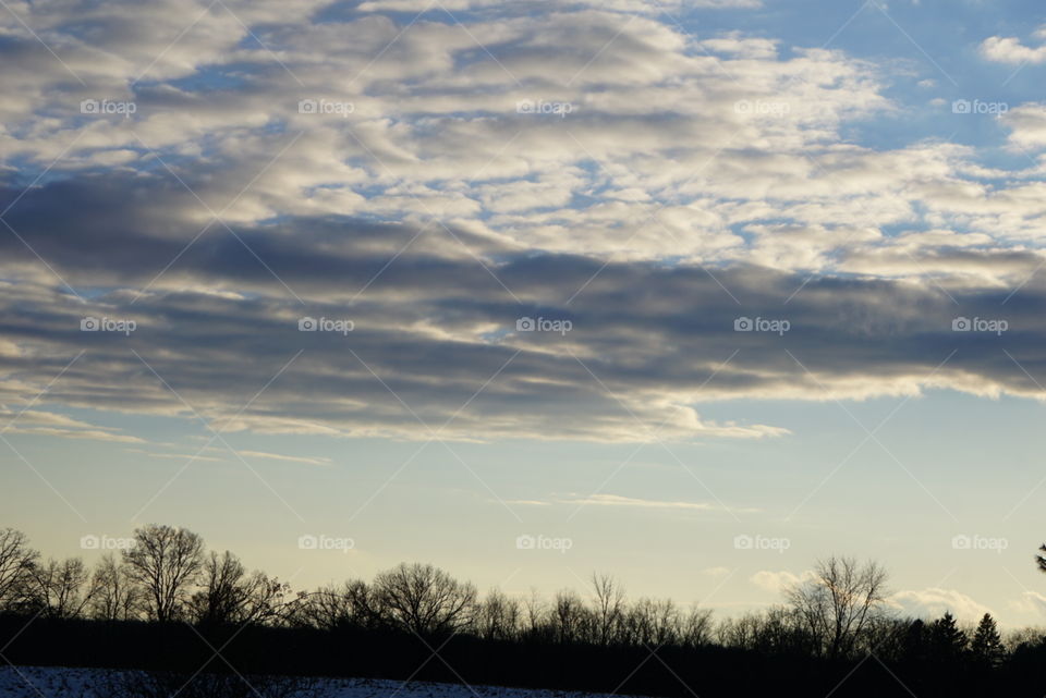 A blanket of clouds hover in the wintery sky overhead. 