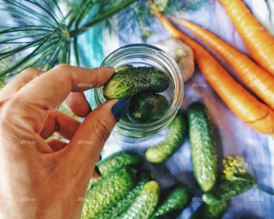 Woman's hand holding cucumber