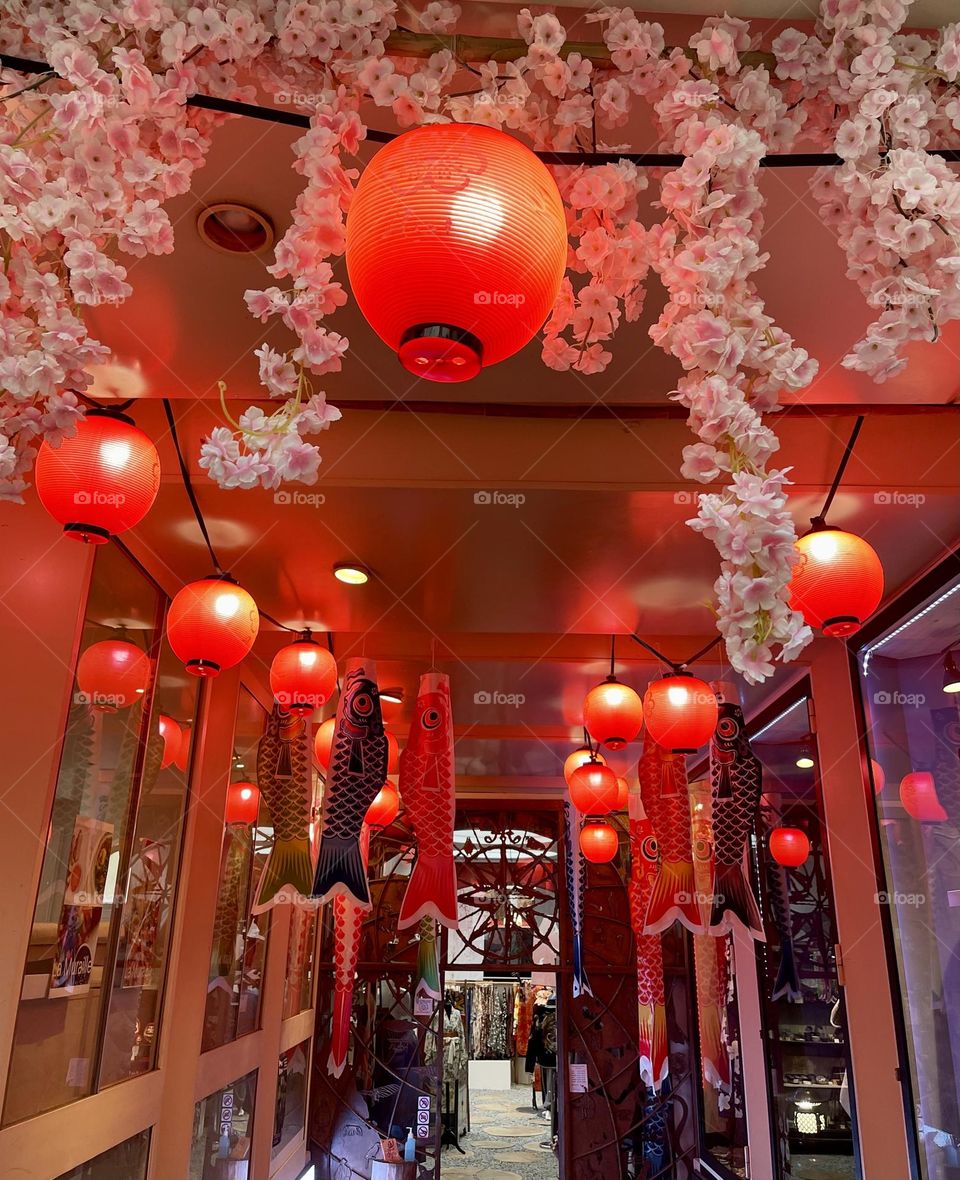 Entryway decorated with red paper Chinese lanterns, Asian decoration and art 