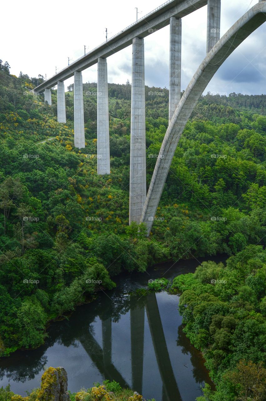 New high-speed train bridge. New railway bridge over the river Ulla, probably the tallest high-speed train bridge in the world (117 m)