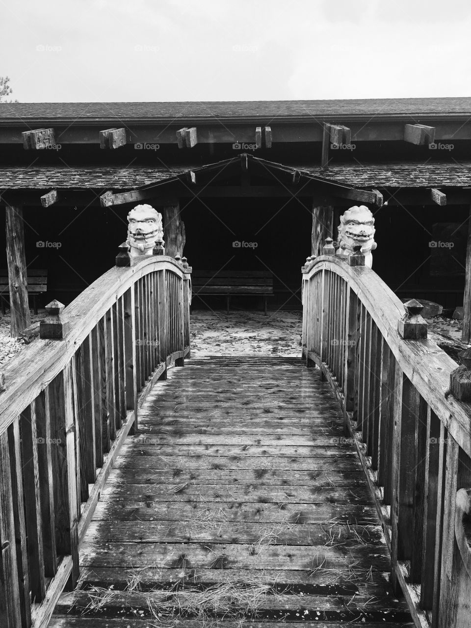 Japanese style bridge and pagoda roof in black and white. House on the Rock, WI