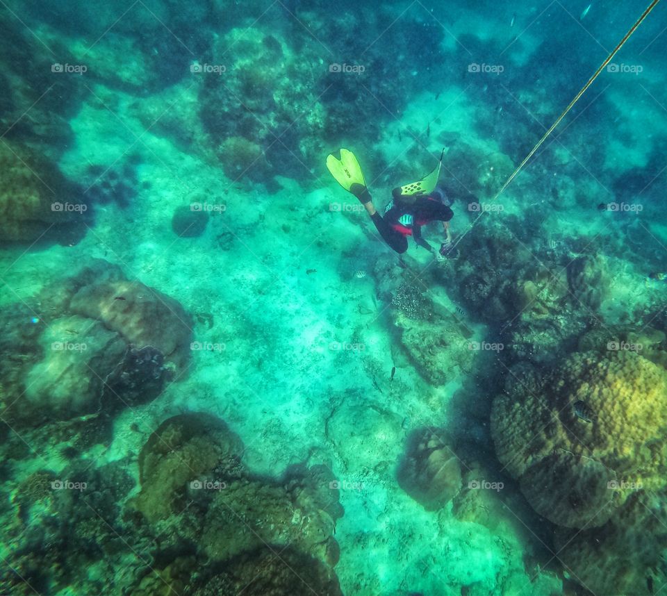 Sattahip,Chon Buri/Thailand-November 24 2019:Guide man of diving trip at Samae San island is diving to take photo under the sea