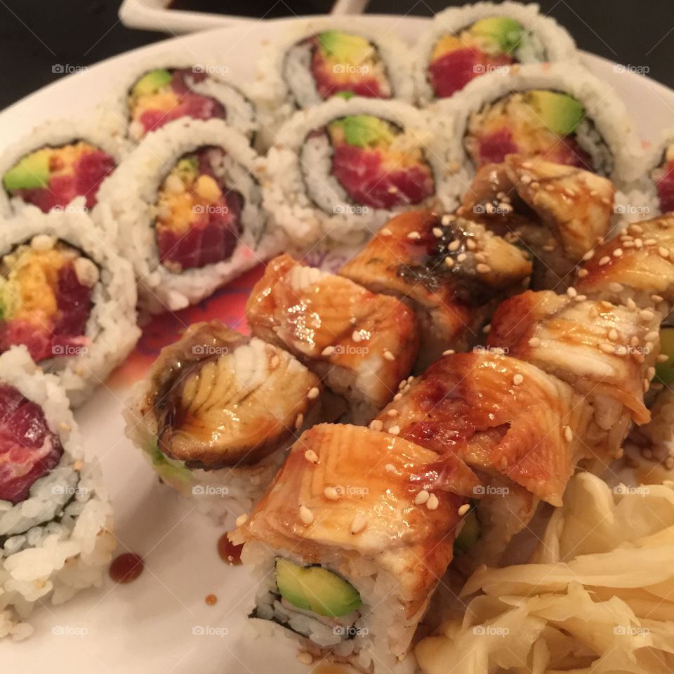 High angle view of delicious sushi in plate