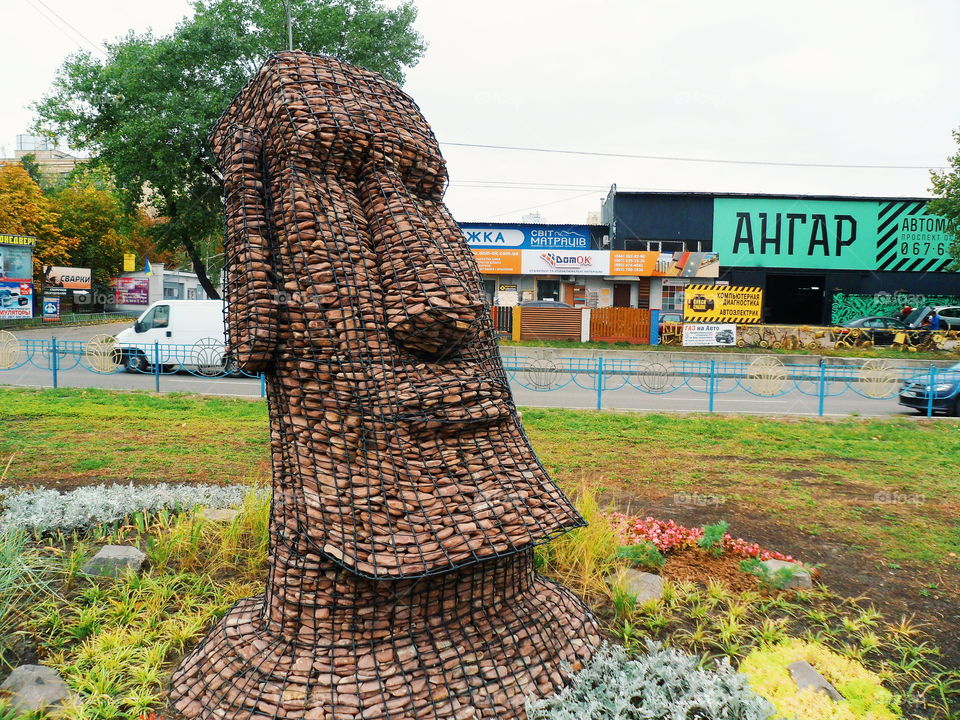 Moai, stone statues in Victory Park, in Kiev, Ukraine