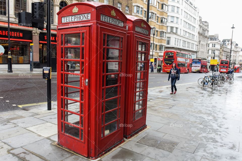 Red telephone booth in London.