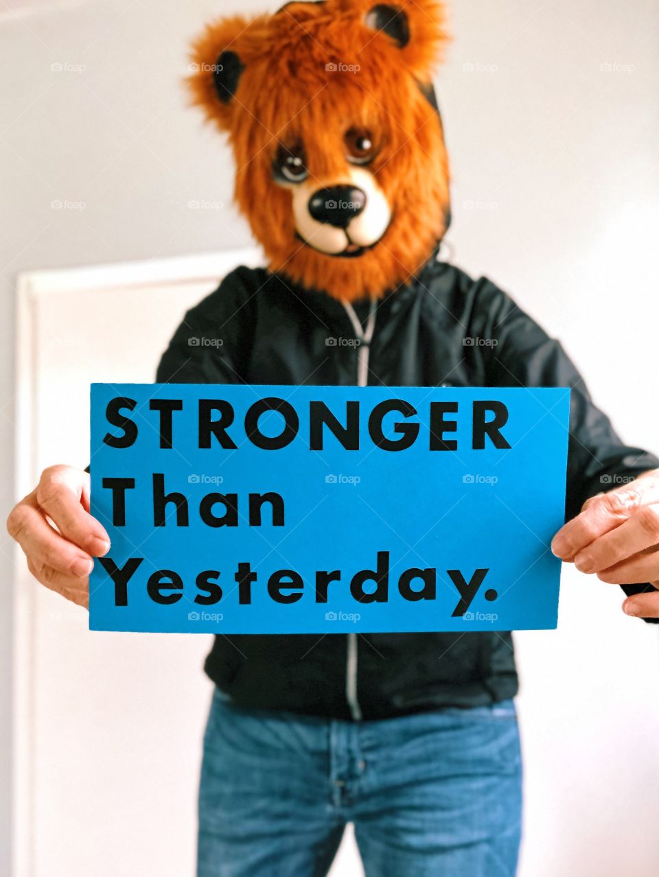 Furry Bear, Bear Holding Sign, Bear Mask, Stronger Than Yesterday, Life Message, Workout Message, Bear Mask On A Human, Fun Costumes, Animals 