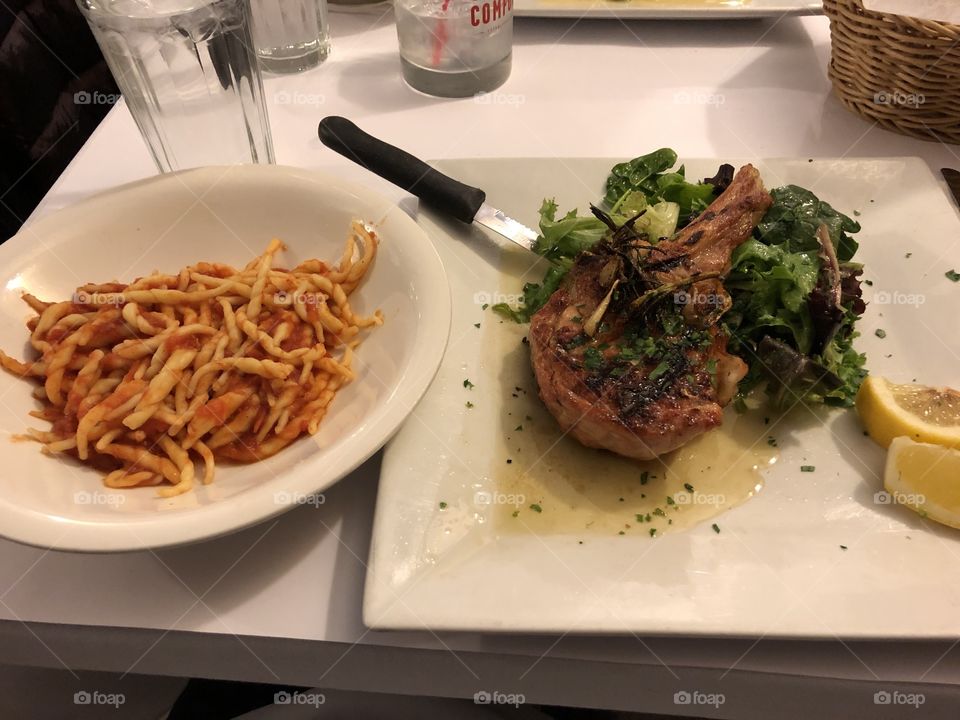 Veal chop with homemade gemelli pasta