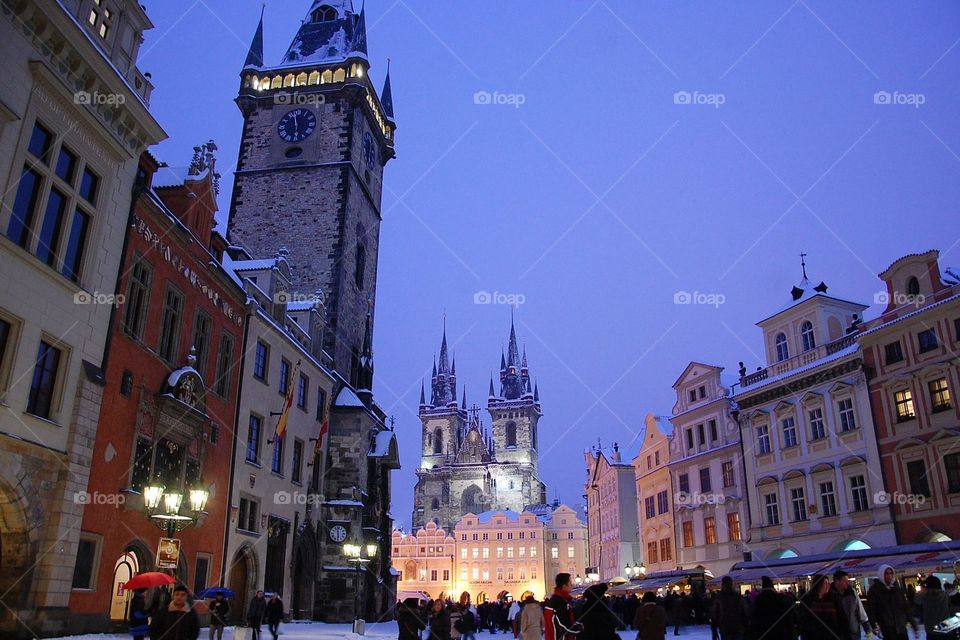 A snowy evening in old town Prague, Czechoslovakia. 