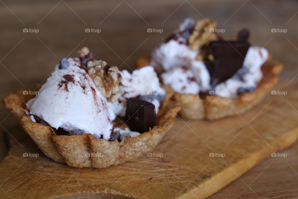 Close-up of dessert on cutting board