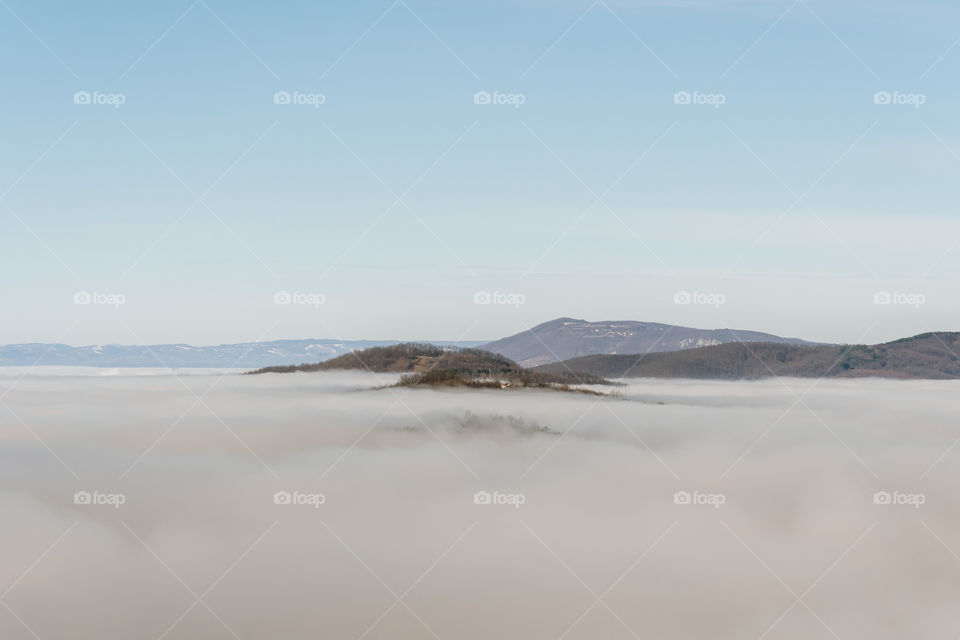 Rural landscape with dense fog