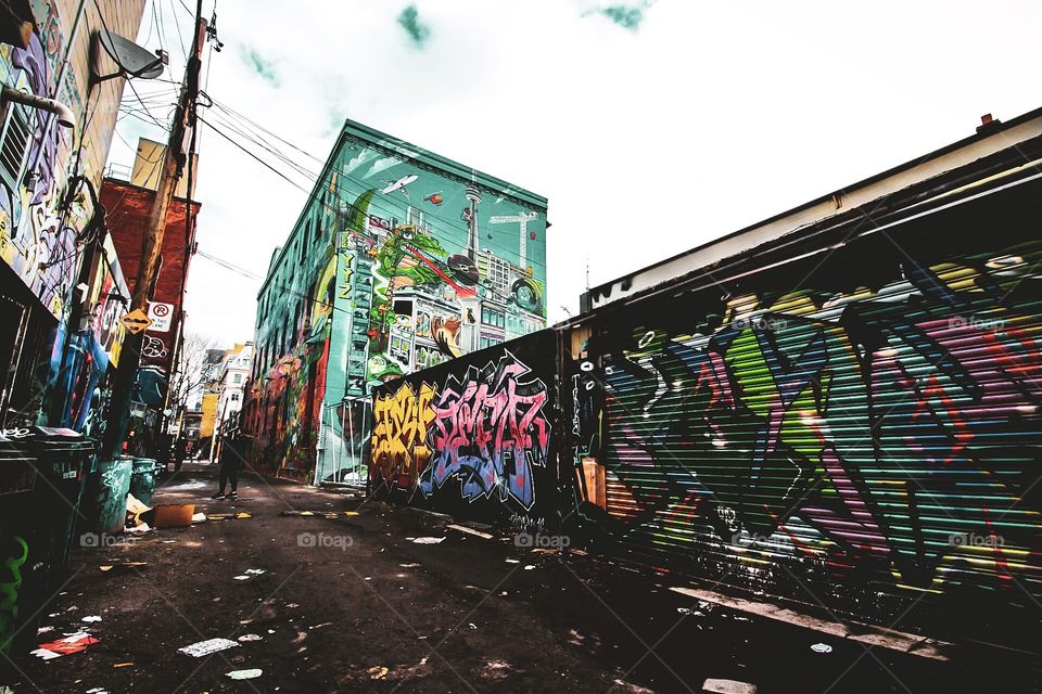 Alley with graffiti during the winter in Toronto, Canada 