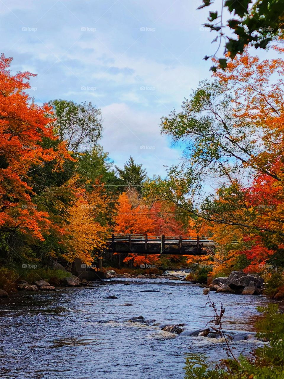 Countryside: Bridge over a river with a small waterfall in Autumn.