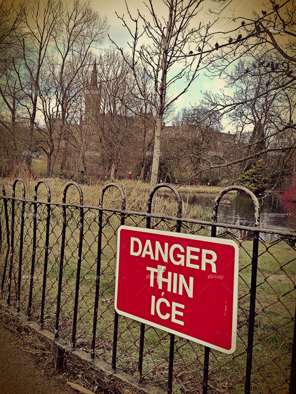 Danger thin ice warning signboard in a park