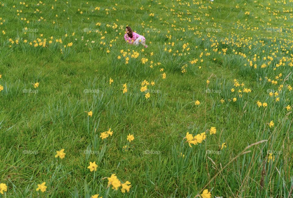 Girl in field of yellow flowers and grasses
