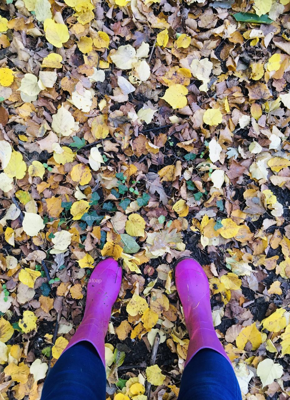 Capturing myself enjoying a walk through the beautiful, colourful array of Autumnal leaves in my bright pink wellingtons.