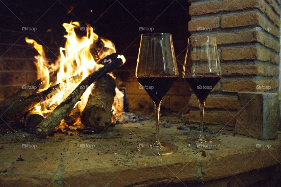 red wine and fireplace