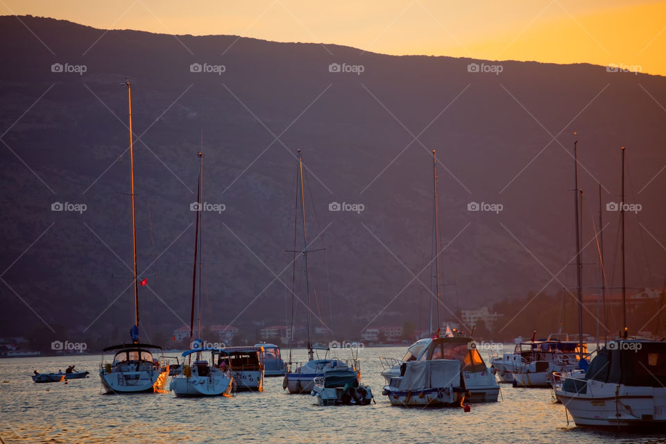 Yachts in Boko Kotor bay at Sunset. Herceg Novi, Montenegro