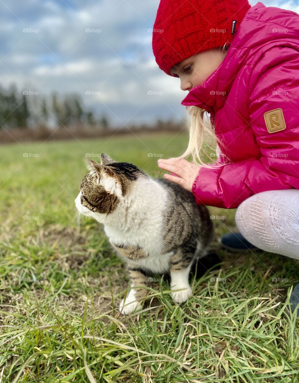 dandelion girl with animals, cows, dog, cat, horse,