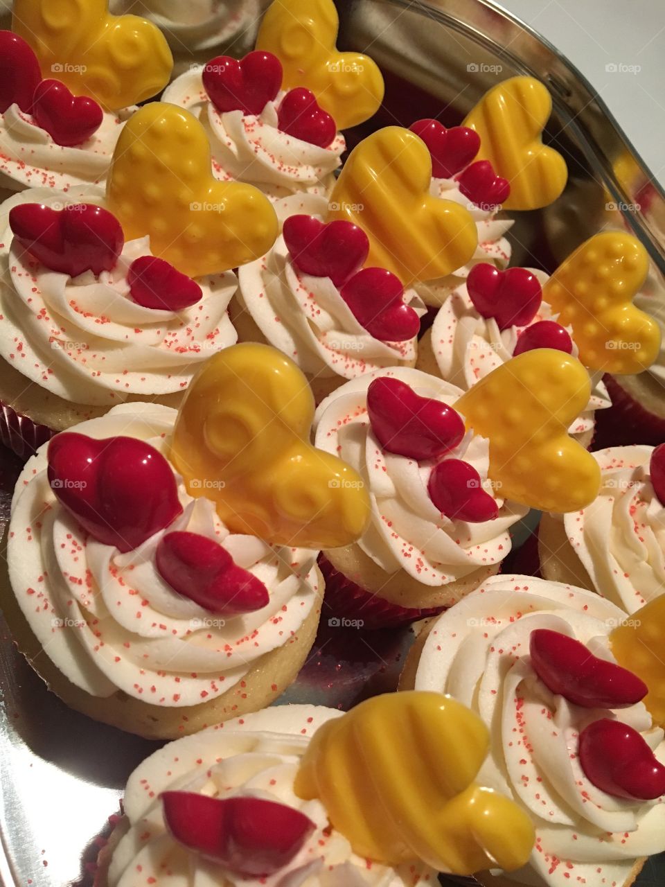 Homemade Vanilla Cupcakes with Buttercream Icing and Chocolate Hearts