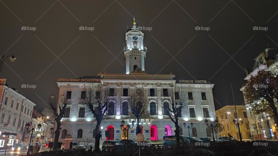 illumination of the town hall in the evening