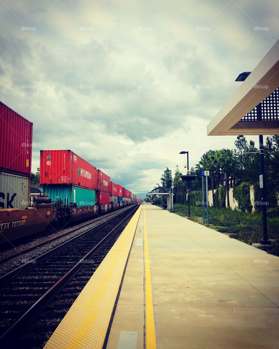 Cloudy with a chance of rain at the train stop. Buena Park, California. February 20, 2019.
