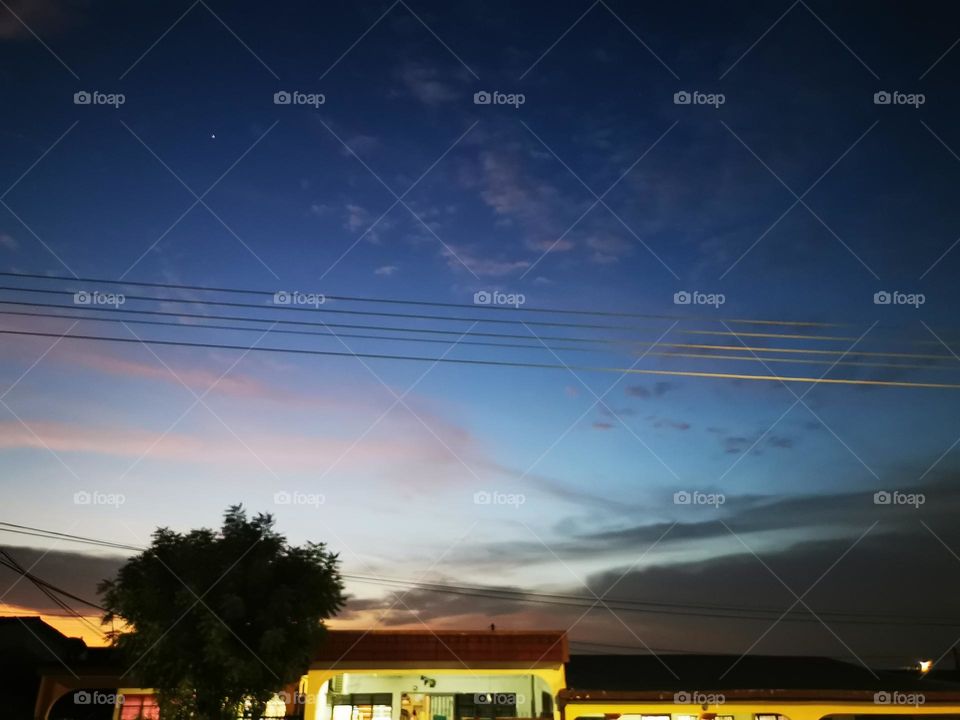 Birds on the wires go home after watching the sunset