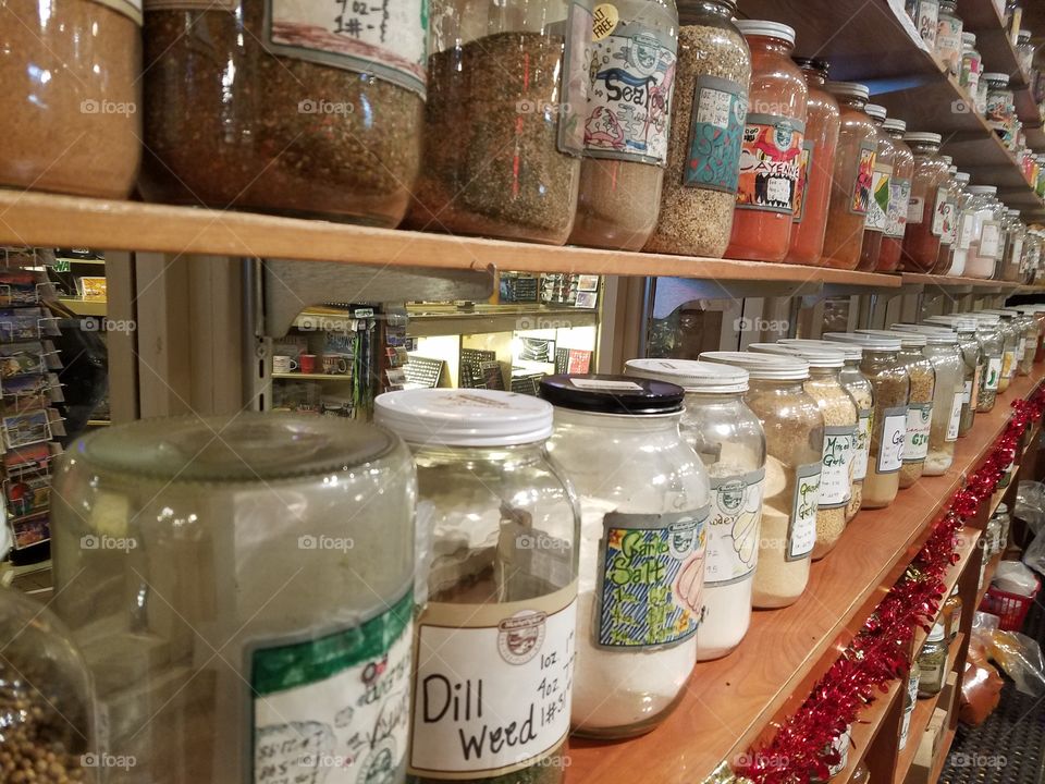 Shelves of spices in Seattle's Pike Place market