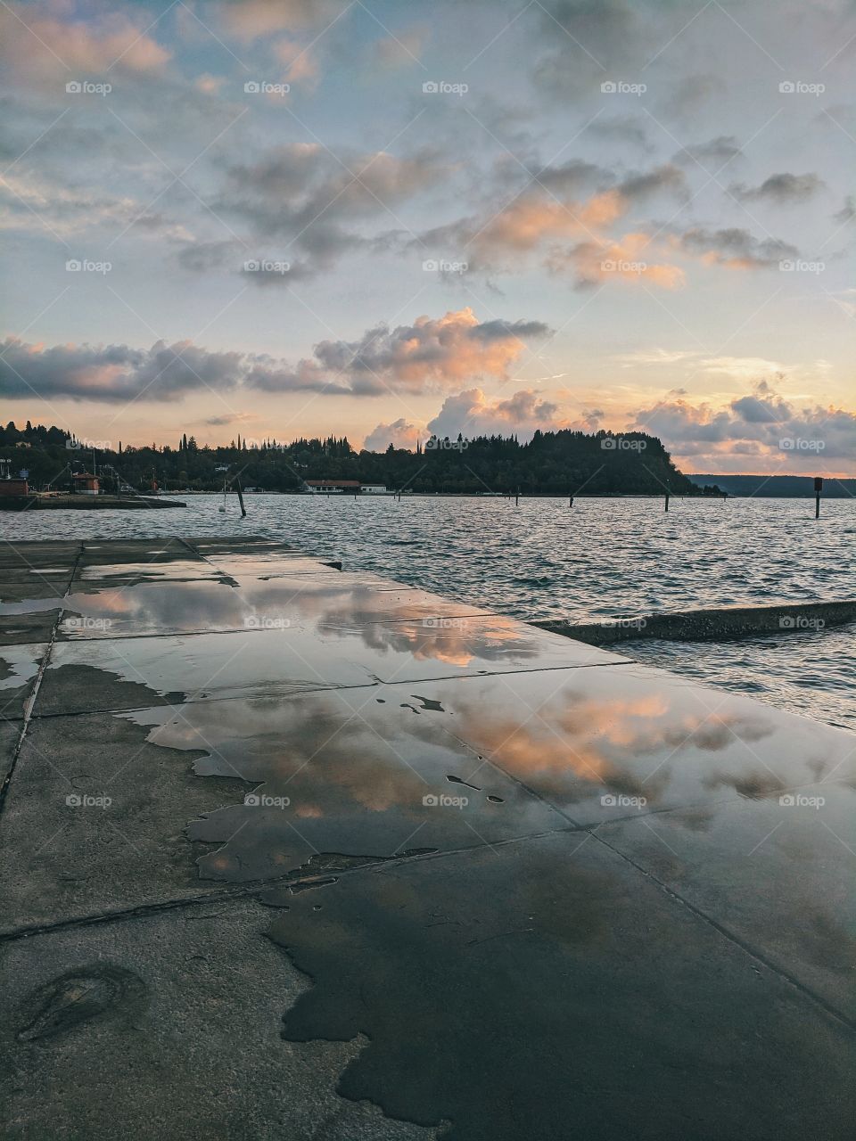 Wonderful reflection of sunset on the Adriatic Sea in Slovenia.