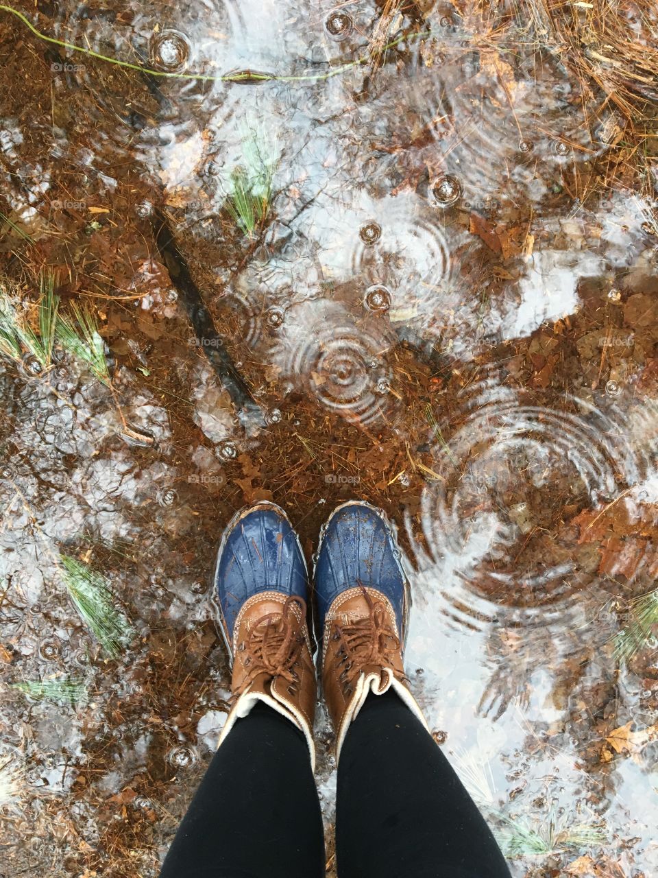 Rainy day, stepping in a puddle. 