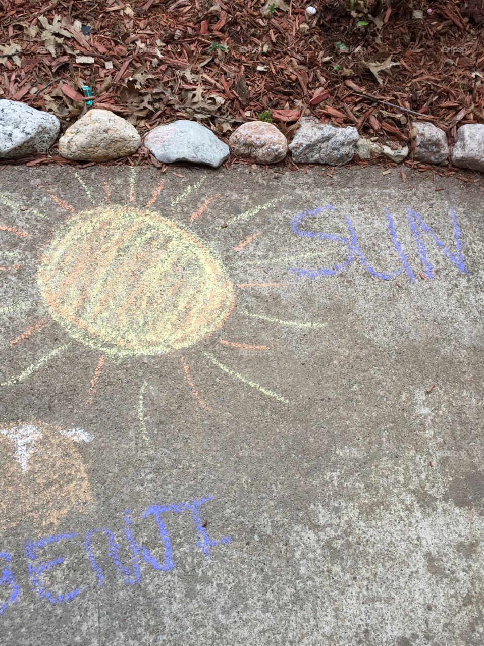 Drawing of a yellow sun using chalk on the patio
