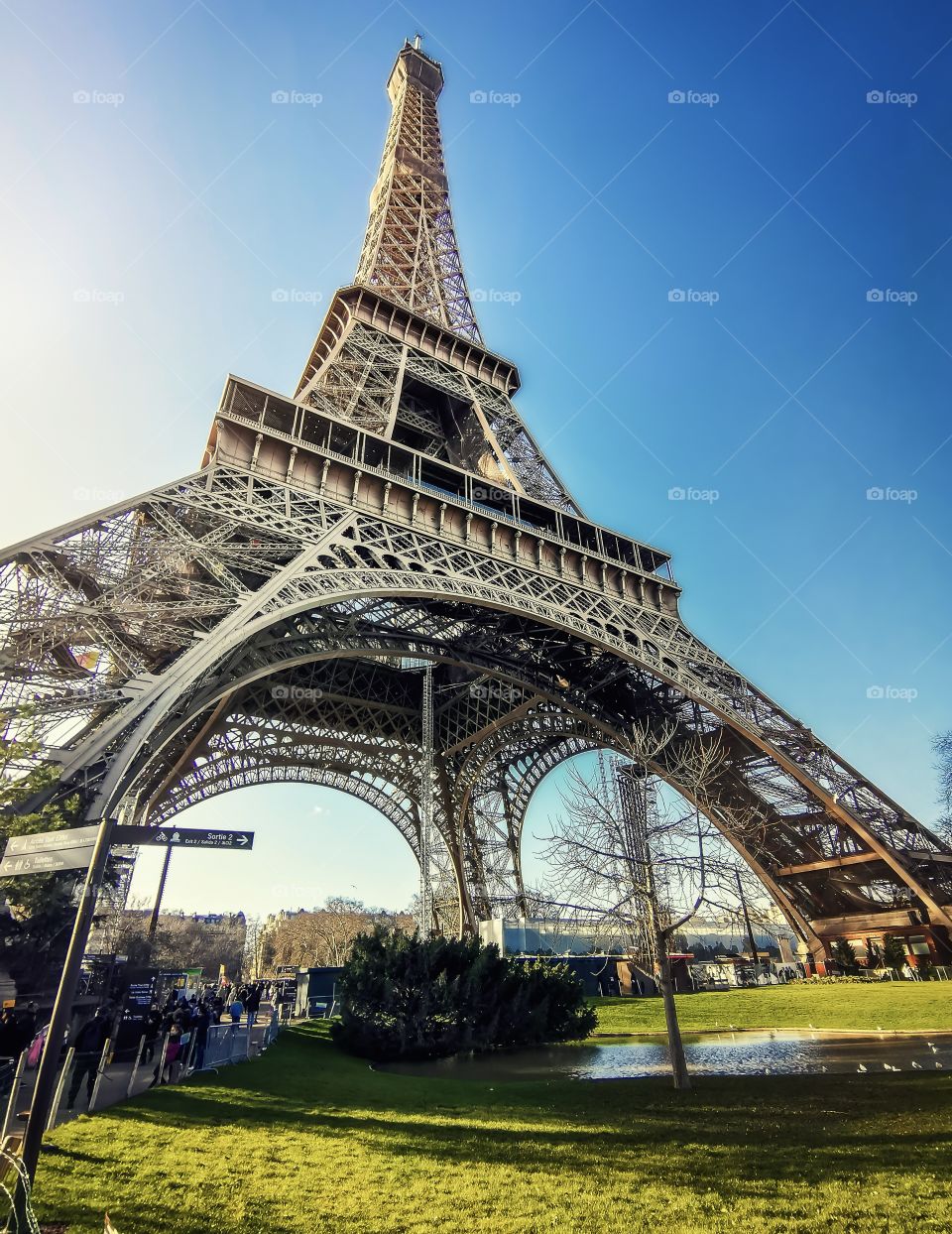 Eiffel Tower low angle view blue skies 