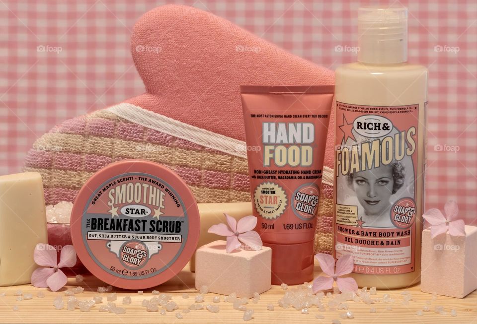 Soap & Glory bath time products display in pink and cream with faux vintage vibe 