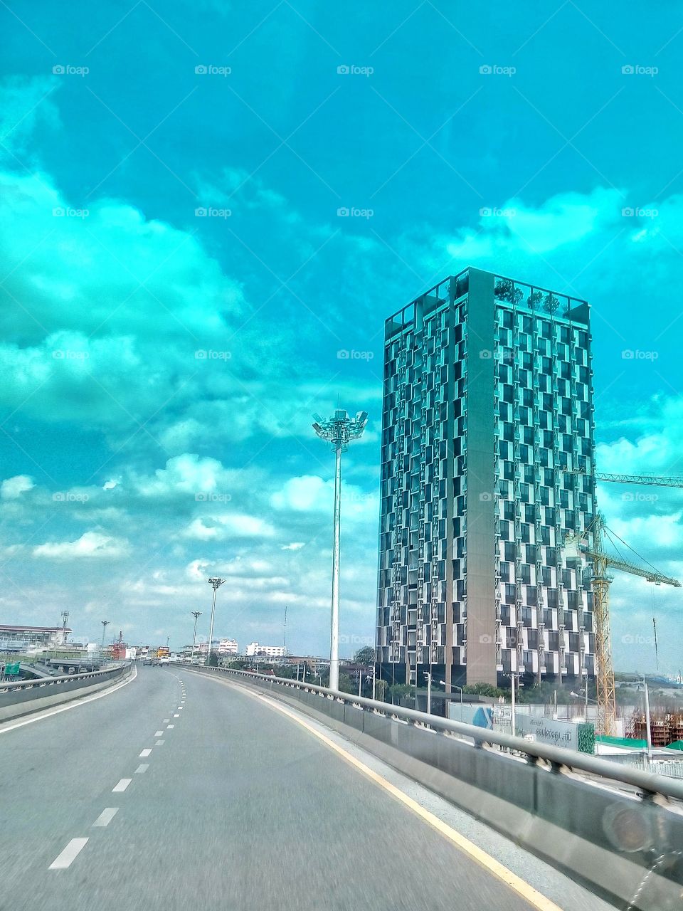 high way and tall building