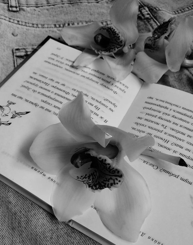 the beauty of flowers and a book in black and white