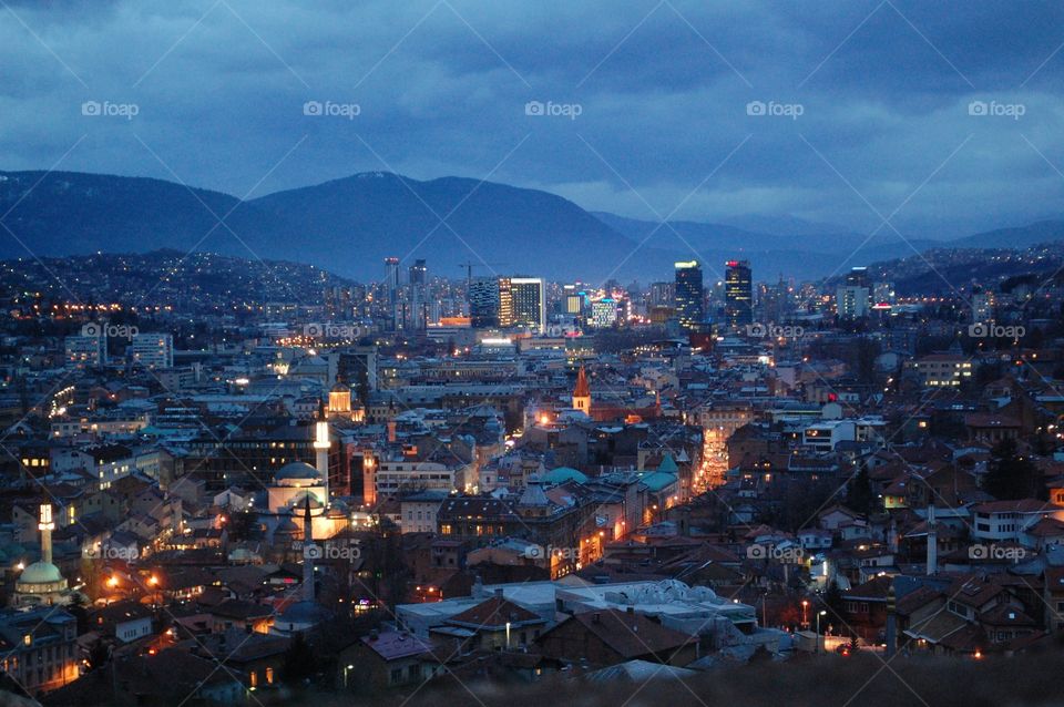 Evening in Sarajevo. The city lights of Sarajevo shortly after sunset