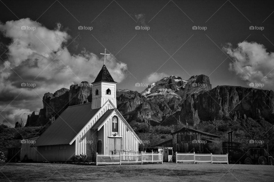 A Church and the snowy Superstition Mountains