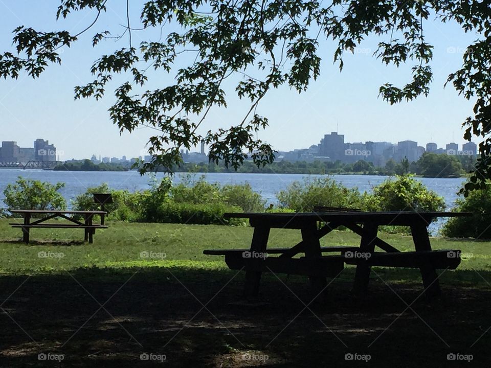 Picnic table by river