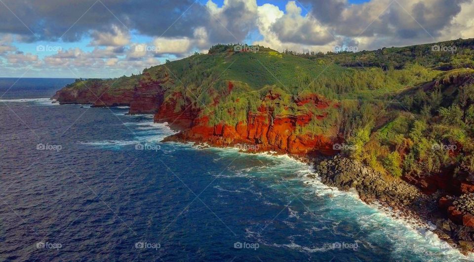 Aerial view of the red cliffs on Hawaii’s island of Maui.