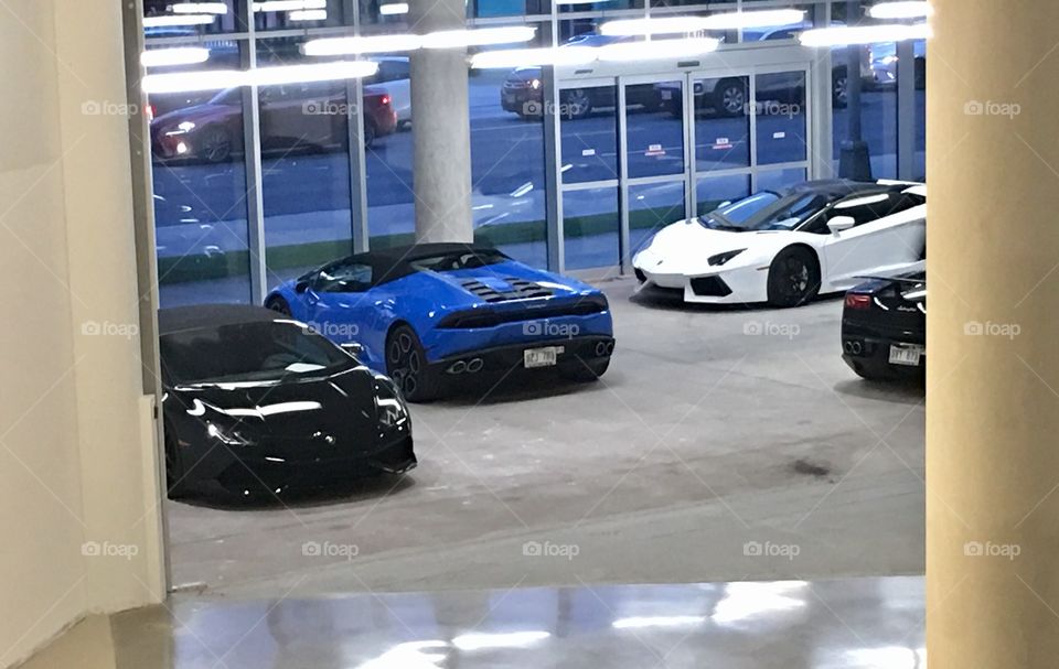 Showroom of high-end luxury sports cars. 