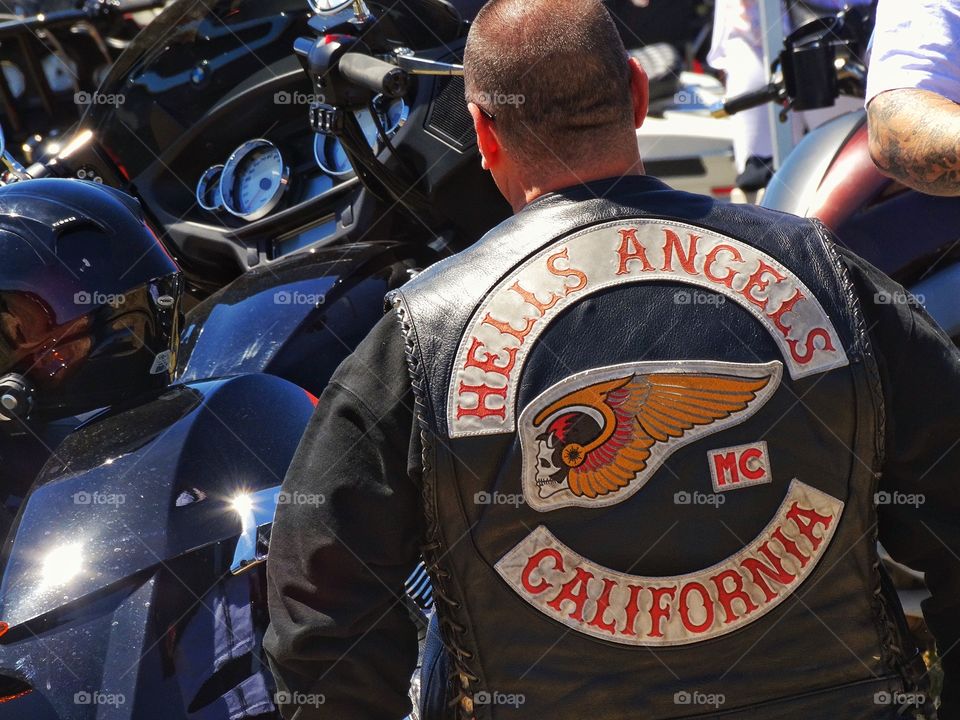 Hells Angels Biker. Hells Angels Biker Gang Member Wearing Leather Cut With Club Colors
