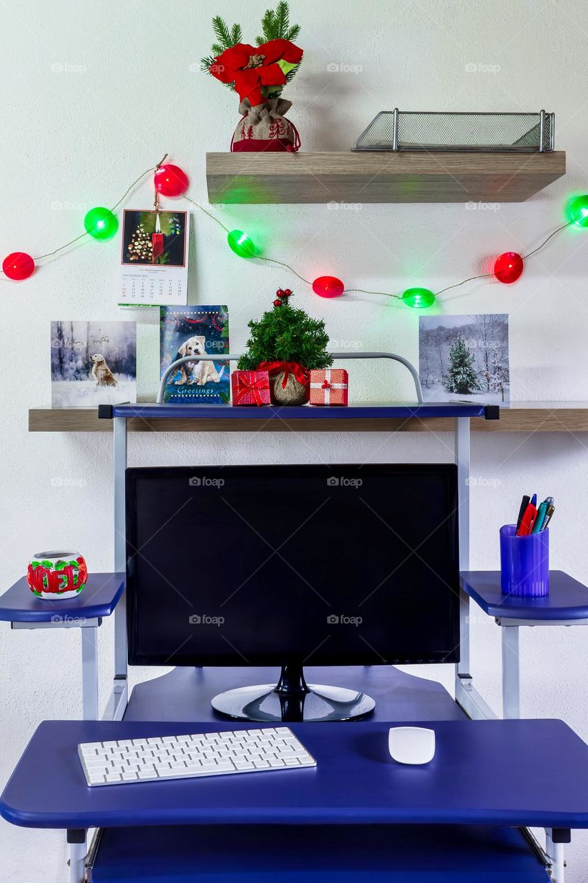 Work desk decorated for Christmas 