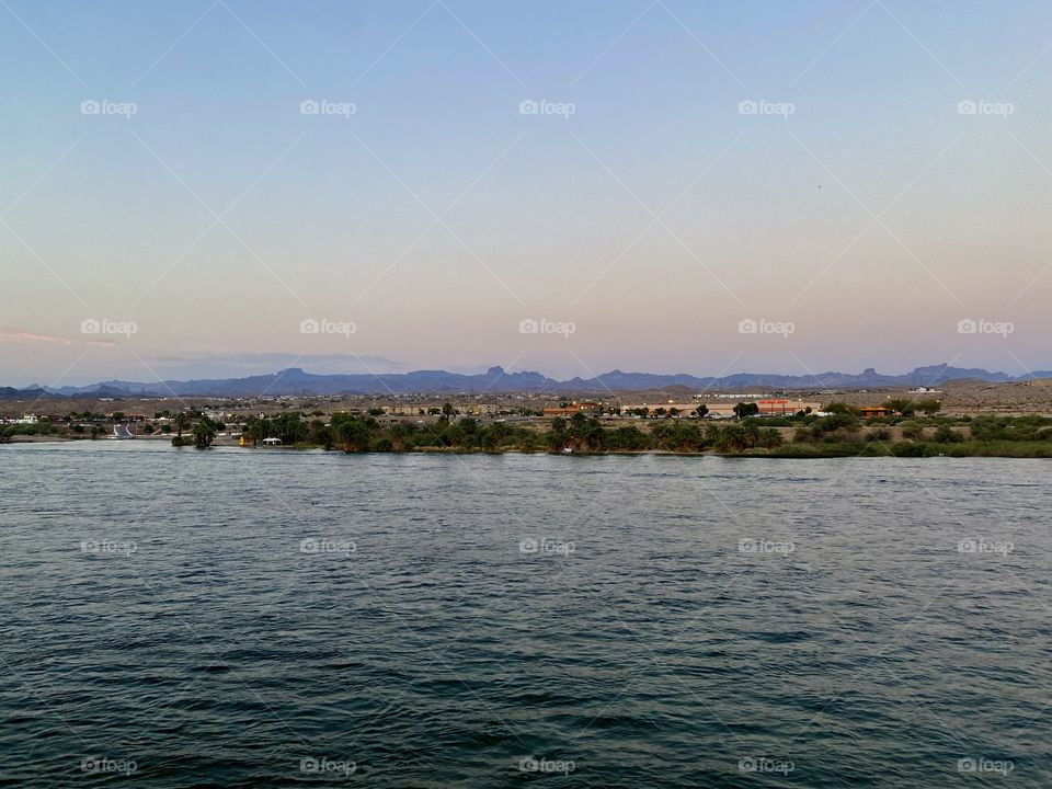 Sunset over the Colorado River from the Laughlin Boardwalk in Laughlin Nevada 